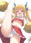  1girl :d alexmaster arm_at_side blonde_hair blue_bow blush bow breasts cheerleader commentary_request crop_top cropped_shirt crotch_seam from_below hair_bow holding holding_pom_poms kneepits leg_up long_hair looking_at_viewer looking_down miniskirt navel no_bra open_mouth original outstretched_arm panties pleated_skirt pom_pom_(cheerleading) raised_inner_eyebrows red_eyes red_shirt red_skirt shirt simple_background skirt sleeveless sleeveless_shirt small_breasts smile solo stomach sweat twintails underboob underwear upskirt variant_set white_background white_panties 