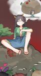  2girls blue_shorts brown_hair carrying character_request chinese_commentary closed_eyes closed_mouth commentary_request cone_horns flip-flops flower flower_on_head green_shirt heart highres horn_ornament horn_ribbon horns kori_morri lobelia_(flower) long_hair multiple_girls nippaku_zanmu purple_flower red_sandals red_sky ribbon sandals shirt short_sleeves shorts sitting sky solo_focus speech_bubble sweatdrop thought_bubble toes touhou tree yellow_horns yomotsu_hisami 