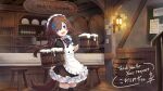  1girl :d alcohol apron barmaid barrel beer beer_keg black_thighhighs bottle commission cup indoors kazana_(sakuto) lantern long_hair looking_at_viewer maid maid_apron maid_headdress mug plate skeb_commission smile solo stool tavern thighhighs vrchat wine_bottle wooden_floor zettai_ryouiki 