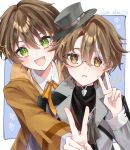 ! 2boys :d :o absurdres aged_down artist_name black_hat black_shirt blue_background blush border brown_eyes brown_hair child coat collared_shirt commentary_request dual_persona eyes_visible_through_hair green_eyes grey_coat hair_between_eyes hand_up hat highres honkai:_star_rail honkai_(series) honkai_impact_3rd jacket joachim_nokianvirtanen lapel_pin lapels long_sleeves looking_at_viewer male_focus mini_hat monocle multicolored_hair multiple_boys neck_ribbon notched_lapels open_mouth orange_jacket orange_ribbon outside_border ribbon semi-rimless_eyewear shirt short_hair simple_background smile sp_shm0120 sparkle speech_bubble spoken_exclamation_mark star_(symbol) streaked_hair turtleneck twitter_username under-rim_eyewear upper_body v welt_yang white_border white_shirt white_streaks wing_collar 