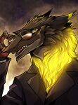  absurd_res anthro black_body black_ears black_fur black_tail chin_tuft dipstick_ears facial_tuft fur grey_body grey_fur hi_res inner_ear_fluff male matthew_(requinard) multicolored_ears sergal sharp_teeth teeth tuft yellow_body yellow_ears yellow_eyes yellow_fur 