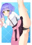  1girl ass_visible_through_thighs black_panties blonde_hair blue_background blue_hair blush border breasts brown_skirt cameltoe clothes_around_waist commentary_request cowboy_shot doyagao eyes_visible_through_hair gradient_hair grin gyaru hair_between_eyes hand_on_own_thigh hands_up high-waist_skirt highres kohibari_kurumi large_breasts long_hair long_sleeves looking_at_viewer mizuka_academy_school_uniform mrkms612 multicolored_hair outside_border panties partially_visible_vulva pleated_skirt school_uniform shirt sidelocks simple_background skirt sleeves_rolled_up smile smug solo sparkling_eyes split standing standing_on_one_leg standing_split suspender_skirt suspenders tenshi_souzou_re-boot! thighs twintails underwear v v-shaped_eyebrows white_border white_shirt yellow_eyes 