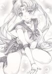  1girl bishoujo_senshi_sailor_moon blush boots choker clothes_lift earrings elbow_gloves gloves graphite_(medium) jewelry legs long_hair looking_at_viewer mikuro monochrome panties pantyshot sailor_moon skirt skirt_lift smile solo traditional_media twintails underwear very_long_hair 