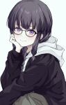  1girl alternate_costume black_boots black_eyes black_hair black_jacket boots braid commentary_request cup dairyo3 glasses grey_pants hair_over_shoulder hair_ribbon hand_on_own_chin hood hood_down hooded_sweater jacket kantai_collection kitakami_(kancolle) pants ribbon single_braid solo sweater tress_ribbon white_background 