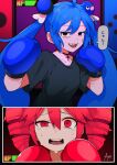  2girls bandage_on_face bandages black_shirt blue_hair boxing boxing_gloves choker complementary_colors cross cross_choker double-parted_bangs drill_hair empty_eyes hair_between_eyes hair_ornament health_bar highres kasane_teto multiple_girls nintendo_switch open_mouth otomachi_una red_eyes red_hair sandbag_(synthesizer_v) sato_(r017xts117) shirt signature speech_bubble sweat synthesizer_v tearing_up twin_drills twintails utau vocaloid 