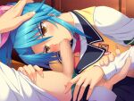  1boy 1girl :>= blue_hair blush censored fellatio fuuki_iinchou_seira game_asset hand_on_another's_head hetero ishigaki_takashi mosaic_censoring non-web_source official_art oral penis ponytail sakakibara_saori school_uniform self-datamine solo_focus variant_set visual_novel_cg yellow_eyes 