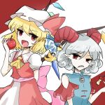  2girls apple ascot back_bow blonde_hair blue_dress bow collared_shirt commentary_request crystal crystal_wings curly_hair detached_sleeves dress earrings eating fang flandre_scarlet food frilled_shirt_collar frills fruit gozen_0416 hat hat_ribbon holding holding_food holding_fruit hoop_earrings horn_ornament horn_ribbon horns jewelry mob_cap multicolored_wings multiple_girls official_alternate_costume one_side_up open_mouth overskirt pink_bow pointy_ears red_eyes red_horns red_overskirt red_sleeves red_vest ribbon sharp_teeth sheep_horns shirt skin_fang skirt smile sunken_fossil_world teeth touhou toutetsu_yuuma vest white_hat white_shirt white_skirt wings yellow_ascot 