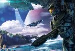  1boy aircraft armor assault_rifle assault_visor beach building bullpup cliff cloud combat_helmet dropship english_commentary flying full_armor green_armor green_helmet gun halo:_combat_evolved halo_(series) halo_installation helmet holding holding_gun holding_strap holding_weapon isaac_hannaford lens_flare looking_afar ma5 master_chief military military_vehicle ocean official_art orange_assault_visor pelican_(halo) planet pouch power_armor rifle ringworld rock sand scene_reference science_fiction shore soldier solo spartan_(halo) strap thrusters tree waves weapon 