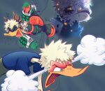  angry bakugou_katsuki black_bodysuit blonde_hair blue_shirt blush bodysuit boku_no_hero_academia commentary disney donald_duck duck_boy east-west_crossover embers english_commentary full-face_blush furry furry_male fusion gloves glowing glowing_eyes green_gloves green_shorts half-closed_eyes highres male_focus multicolored_gloves open_mouth orange_eyes orangelemonart red_gloves shirt shorts steam superhero_costume two-tone_gloves v-shaped_eyebrows 
