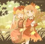  2girls :d ^_^ aki_minoriko aki_shizuha apron autumn_leaves bangs barefoot black_ribbon blonde_hair brown_shirt closed_eyes closed_mouth cloud collared_dress collared_shirt commentary dress grape_hat_ornament hair_ornament hat holding holding_leaf kihachisu leaf leaf_hair_ornament long_sleeves looking_at_viewer maple_leaf medium_hair mob_cap mountainous_horizon multiple_girls open_mouth red_apron red_dress red_headwear ribbon shirt siblings sisters sitting smile socks touhou translation_request tree wheat white_socks wide_sleeves yellow_eyes 