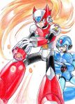  2boys arm_cannon armor blonde_hair blue_armor blue_eyes blue_helmet chest_jewel forehead_jewel green_eyes helmet hijiriiyaa long_hair male_focus mega_man_(series) mega_man_x1 mega_man_x_(series) multiple_boys red_armor red_helmet solo_focus traditional_media weapon x_(mega_man) zero_(mega_man) 