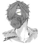  1boy adam&#039;s_apple character_request chikuwa_(dr0603) collared_shirt gas_mask hair_over_one_eye head_tilt highres looking_at_viewer male_focus mask one_eye_covered portrait shirt short_hair sideways_glance simple_background solo spot_color tattoo touken_ranbu yellow_eyes 