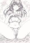  1girl bikini blush cameltoe clothes_lift fate_(series) graphite_(medium) hair_ribbon long_hair matou_sakura mikuro monochrome navel parted_lips petals ribbon shirt_lift solo swimsuit traditional_media 