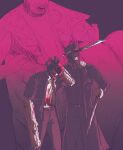  2boys arm_behind_head black_coat blood blood_on_clothes blood_on_weapon chainsaw chainsaw_man coat commentary dark_background demon denji_(chainsaw_man) english_commentary glucoseowo highres jacket justice_devil_(chainsaw_man) katana_man_(chainsaw_man) long_sleeves multiple_boys multiple_weapons open_clothes open_coat open_jacket pants sharp_teeth shirt teeth weapon white_shirt 