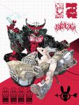  1boy 1girl boots cigar demon graffiti grey_hair highres horns jacket knee_pads leather leather_jacket leggings license_plate mecha mechanical_arms mechanical_ears metal_halo miyoyo motor_vehicle motorcycle original robot sunglasses white_leggings 