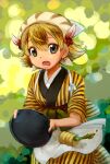  1girl :o animal_print apron blonde_hair blurry blush bokeh brown_streaks commentary_request cowboy_shot cup depth_of_field double-parted_bangs flipped_hair flower green_background green_tea hair_flower hair_ornament headscarf highres holding holding_tray japanese_clothes kimono looking_at_viewer multicolored_hair obi open_mouth original print_kimono red_flower sash short_hair short_sleeves solo spilling streaked_hair striped_clothes striped_kimono tea tiger_print tray vertical-striped_clothes vertical-striped_kimono waist_apron waitress white_apron yellow_kimono yuizawa yunomi 