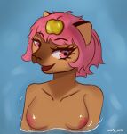 anthro apple breasts brown_body capybara caviid digital_media_(artwork) ears_up eyebrows eyelashes eyewear female food fruit fur glistening hair line_art loafy_arts looking_at_viewer makeup mammal medium_breasts multicolored_body nipples nude nude_female open_mouth pink_hair plant rodent shaded simple_background small_ears solo swimming tongue two_tone_body water