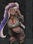  1girl alternate_breast_size_(larger) black_hair black_pantyhose black_skirt black_sports_bra blue_hair boots breasts cephalopod_eyes cleavage colored_extremities commentary_request dark-skinned_female dark_skin furrowed_brow gradient_hair green_eyes hand_on_own_thigh headphones highres large_breasts long_hair long_pointy_ears marina_(splatoon) mole mole_under_mouth multicolored_hair navel octoling pantyhose pencil_skirt pointy_ears short_eyebrows side_slit signature skirt smile solo splatoon_(series) splatoon_2 sports_bra suction_cups t2ukmyjm tentacle_hair thigh_boots 