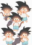  1boy absurdres black_eyes black_hair blue_shorts child closed_eyes cookie dragon_ball dragon_ball_(classic) finger_to_mouth food heart highres holding holding_food male_focus monkey_tail multiple_views nachos_(chos_na) open_mouth shirt shorts simple_background son_goku spiked_hair tail white_shirt 