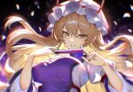  1girl blonde_hair breasts chinese_commentary chromatic_aberration commentary_request dated dress folded_fan folding_fan grin hand_fan hat hat_ribbon highres holding holding_fan l0e9s29p large_breasts long_hair long_sleeves looking_at_viewer mob_cap purple_nails purple_tabard red_ribbon ribbon signature smile solo tabard touhou upper_body white_dress white_hat yakumo_yukari yellow_eyes 