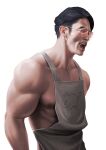  1boy absurdres apron bara black_hair facial_hair grey_apron highres jiru_(toys_hobbye) large_pectorals male_focus muscular muscular_male naked_apron nipples open_mouth original pectorals short_hair simple_background solo sunglasses tinted_eyewear white_background 