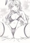  1girl animal_ears bikini breasts cameltoe cleavage covered_nipples fake_animal_ears fishnet_legwear fishnets graphite_(medium) kantai_collection long_hair looking_at_viewer mikuro monochrome rabbit_ears solo spread_legs swimsuit traditional_media very_long_hair warspite_(kancolle) wrist_cuffs 