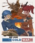  1boy 2girls absurdres aiming aircraft animal_head attack_helicopter belt blue_eyes blue_hair car cia_peace_corps cigarette cold_war collared_shirt commentary earrings english_commentary english_text explosion explosion_background francis_eagleton gun handgun helicopter highres holding holding_gun holding_weapon jewelry kgb looking_at_viewer mi-24 military_uniform military_vehicle mk_22_pistol motor_vehicle multiple_girls naomi_bluebird necktie notfuji orange-tinted_eyewear original outside_border pantyhose police_car ponytail poster_(medium) red_eyes red_hair rubble salute shirt sideways_glance skirt smoking soviet squinting stechkin_aps sunglasses tank tinted_eyewear trabant united_states valerie_konstanz we_love_cold_war weapon white_shirt 