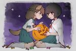  2girls animal_ears black_eyes black_hair blue_sailor_collar blue_skirt bob_cut border braid brown_hair candy clenched_teeth cloak closed_mouth commentary dog_ears dog_tail fake_animal_ears fake_tail fatal_frame fatal_frame:_maiden_of_black_water food from_side full_body grey_border half_up_braid halloween halloween_costume hands_up himeno_fuyuhi holding holding_candy holding_food holding_pumpkin jack-o'-lantern kneehighs kneeling looking_at_another medium_hair miniskirt momose_haruka multiple_girls neckerchief outside_border parted_lips pleated_skirt profile pumpkin purple_background red_neckerchief round_border sabi_(6535841) sailor_collar school_uniform see-through_cloak see-through_clothes serafuku shirt shoes skirt smile socks star_(symbol) sweatdrop tail teeth untranslatable_commentary uwabaki white_cloak white_shirt white_shoes white_socks 