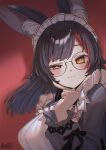  1girl :3 absurdres alternate_costume animal_ear_fluff animal_ears apron artist_name black-framed_eyewear black_dress black_hair black_ribbon blurry blurry_background blush breasts bright_pupils closed_mouth commentary_request dot_nose dress enmaided eyebrows_hidden_by_hair finger_to_cheek finger_to_own_chin flipped_hair floating_hair frilled_apron frilled_hairband frilled_sleeves frills glasses hairband half-closed_eye hand_up head_tilt highres hololive large_breasts long_hair long_sleeves looking_at_viewer maid maid_apron maid_headdress multicolored_hair ookami_mio orange_eyes parted_bangs r.da12 red_background red_streaks ribbon round_eyewear shadow side_part signature smile solo streaked_hair swept_bangs two-tone_hair upper_body variant_set virtual_youtuber white_apron white_hairband white_pupils wolf_ears wolf_girl 