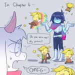  1other 2boys artist_name catlover_0702 chibi commentary deltarune english_commentary english_text fang flowery_(deltarune) flying furry furry_male highres kris_(dark_world)_(deltarune) kris_(deltarune) looking_at_another male_focus multiple_boys open_mouth ralsei round_eyewear shrugging skin_fang sparkle speech_bubble sweatdrop twitter_username utdr_(toby_fox) 