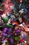  2boys bat_mask batman batman_(series) batman_symbol belt black_cape black_gloves bodysuit cape car car_crash clenched_teeth comic_cover commentary cover cover_page cowl crowbar dc_comics derrick_chew evil_grin evil_smile gloves gloves_over_bodysuit green_hair green_shirt grey_bodysuit grin highres holding holding_crowbar jacket joker_(dc) male_focus motor_vehicle multicolored_bodysuit multiple_boys pants purple_jacket purple_pants purple_suit shirt smile suit superhero_costume taut_bodysuit taut_clothes teeth textless_cover_page textless_version two-tone_bodysuit under-elbow_gloves utility_belt white_facepaint 