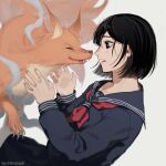  1girl animal animalization artist_name black_eyes black_hair black_sailor_collar black_serafuku black_shirt black_skirt blurry blush bright_pupils closed_eyes commentary depth_of_field english_commentary facing_another fingernails fox fox_mask_(silent_hill) from_side grey_background hands_up highres ink_(inkypyon) kitsune kyuubi long_sleeves looking_at_animal multiple_tails neckerchief parted_lips profile red_neckerchief sailor_collar school_uniform serafuku shimizu_hinako shirt short_hair silent_hill_(series) silent_hill_f simple_background skirt tail teeth twitter_username upper_body upper_teeth_only white_pupils 
