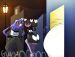 2026 4:3 anthro belly big_belly black_body black_hair blahblah866 blue_body blue_eyes building croagunk female generation_4_pokemon generation_5_pokemon generation_7_pokemon gothorita group hair hi_res huge_belly male nintendo outside overweight phera_(blahblah866) pheromosa pokemon pokemon_(species) pregnant pregnant_female simple_background trio ultra_beast white_body yellow_sclera