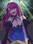  1girl bare_shoulders blue_dress blurry blurry_background breasts cleavage dress guardian_tales hair_ornament highres long_hair medium_breasts open_mouth outdoors purple_hair red_eyes saliva sharp_teeth solo_focus teeth thineige vampire_girl_karina 