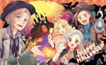  1boy 3girls :d :o argyle_background ascot bell belt belt_pouch bespectacled blonde_hair blue_eyes blush brown_hair castle claw_pose cloak coat commentary_request earrings fangs glasses gloves halloween halloween_costume halo happy_halloween hat hook_hand hourglass jack-o'-lantern jewelry katarina_claes keith_claes looking_at_viewer maria_campbell multiple_girls mutton_(user_hafp8324) open_mouth otome_game_no_hametsu_flag_shika_nai_akuyaku_reijou_ni_tensei_shite_shimatta pirate_costume pouch red_eyes signature silk smile sophia_ascart spider_web stuffed_animal stuffed_toy v-shaped_eyebrows white_gloves white_hair 
