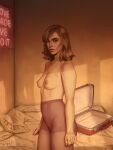  absurdres bed blonde_hair fernanda_suarez freckles highres neon_lights original painting_(medium) pantyhose portrait short_hair sunlight traditional_media 