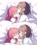  2girls absurdres blush brown_hair closed_eyes closed_mouth commentary from_above highres hiruver kagari_mimi kimi_ga_shinu_made_koi_wo_shitai kiss kissing_forehead long_hair multiple_girls on_bed open_mouth pillow pink_hair pinky_swear shirt short_hair smile totsuki_shiina under_covers white_shirt yuri 