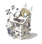  1girl armor armored_dress bloomers blue_socks bow brown_dress closed_eyes commentary_request double_bun dress drooling hair_bow hair_bun haniwa_(statue) highres joutouguu_mayumi peroponesosu. puffy_short_sleeves puffy_sleeves shirt short_sleeves sleeping socks solo touhou white_background white_bloomers white_bow white_shirt zzz 