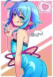  1girl ahoge ahoge-tan ahoge_(ahoge-tan) aqua_hair blue_dress blue_hair blush breasts closed_mouth commentary dithering dotted_background dress earrings english_commentary from_side heart highres jewelry looking_at_viewer multicolored_hair outline pink_hair pointy_ears small_breasts smile solo sphere_earrings spoken_heart standing strapless strapless_dress tongue tongue_out upper_body v white_outline 