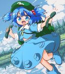 1girl :d backpack bag blue_boots blue_eyes blue_hair blue_shirt blue_skirt blush boots cloud collared_shirt commentary_request cucumber day dutch_angle flat_cap food foot_out_of_frame green_bag green_hat hair_bobbles hair_ornament hands_up hat highres holding holding_food jewelry kajiya_no_masa kawashiro_nitori key key_necklace looking_at_viewer midriff necklace no_nose notice_lines one-hour_drawing_challenge open_mouth outdoors pocket reflection reflective_liquid rubber_boots shirt short_hair skirt sleeves_rolled_up smile solo split_mouth touhou tree twintails two_side_up water 