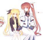  2girls black_gloves black_jacket black_ribbon blonde_hair blush brown_hair closed_mouth commentary cropped_jacket embarrassed fate_testarossa feet_out_of_frame fingerless_gloves gloves hair_between_eyes hair_ribbon hand_on_another's_thigh hand_on_own_thigh highres jacket light_blush light_smile long_hair long_sidelocks long_sleeves lyrical_nanoha mahou_shoujo_lyrical_nanoha mahou_shoujo_lyrical_nanoha_a's mahou_shoujo_lyrical_nanoha_strikers multiple_girls notice_lines open_clothes open_jacket parted_bangs puffy_short_sleeves puffy_sleeves purple_eyes raising_heart raising_heart_(standby_mode) red_eyes ribbon shiyoi short_sleeves sidelocks simple_background sitting skirt small_sweatdrop smile takamachi_nanoha untranslatable_commentary upper_body very_long_hair vest white_background white_jacket white_ribbon white_skirt white_vest wispy_bangs 
