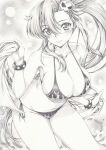  1girl bikini blush breasts cleavage flame_print graphite_(medium) hair_ornament hairclip long_hair looking_at_viewer mikuro monochrome ponytail side-tie_bikini skull_hair_ornament smile solo swimsuit tengen_toppa_gurren_lagann traditional_media yoko_littner 