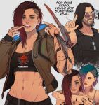  1boy 2girls abs absurdres arm_around_neck arm_tattoo asymmetrical_hair black_hair bulletproof_vest collage crop_top cyberpunk cyberpunk_(series) cyberpunk_2077 cyberware cyborg dog_tags english_text facial_hair highres johnny_silverhand judy_alvarez logo long_hair mantis_blades_(cyberpunk) mechanical_arms multiple_girls multiple_persona multiple_tattoos navel navel_piercing piercing prosthesis prosthetic_arm samurai_jacket_(cyberpunk) sidecut simple_background single_mechanical_arm sunglasses tattoo toned toned_female undercut v_(cyberpunk) valerie_(cyberpunk) yoracrab 