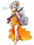  1girl alternate_costume blush braid breasts cleavage cleavage_cutout closed_mouth clothing_cutout commentary_request dated dress feather_hair_ornament feathers full_body gloves gun hair_ornament high-low_dress high_heels holding holding_gun holding_weapon long_hair looking_at_viewer orange_eyes orange_shoes proton red_eyes sakata_nemuno shoes shotgun sleeveless sleeveless_dress smile solo thighs touhou touhou_lostword twitter_username very_long_hair weapon weapon_request white_gloves 