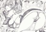  1girl ass blush breasts cleavage detached_sleeves graphite_(medium) hat kantai_collection kashima_(kancolle) legs long_hair looking_at_viewer mikuro monochrome panties santa_costume santa_hat solo traditional_media underboob underwear 