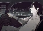  14sirasu 1boy absurdres adam's_apple car_interior chainsaw_man cigarette closed_mouth collarbone driving earrings greyscale hayakawa_aki highres jewelry male_focus medium_hair monochrome night pants right-hand_drive shirt short_hair sitting solo steering_wheel translation_request 