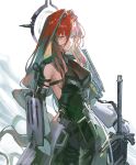  1girl absurdres aqua_hair aqua_streaks arknights arknights:_endfield armor blonde_hair breasts closed_mouth commentary cowboy_shot ember_(arknights) english_commentary greatsword hair_between_eyes highres holding holding_sword holding_weapon large_breasts long_hair looking_at_viewer making-of_available multicolored_hair red_hair sideboob simple_background solo standing streaked_hair sword teasmacker weapon white_background yellow_eyes 