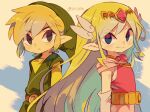  1boy 1girl artist_name belt blonde_hair blue_eyes blush dress floating_hair full_body gloves green_headwear grey_gloves hair_ornament jewelry link long_hair multicolored_hair necklace pink_dress princess_zelda the_legend_of_zelda the_legend_of_zelda:_spirit_tracks the_legend_of_zelda:_the_wind_waker tokuura 