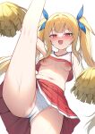  1girl :d alexmaster arm_at_side blonde_hair blue_bow blush bow breasts cheerleader commentary_request crop_top cropped_shirt crotch_seam from_below hair_bow holding holding_pom_poms kneepits leg_up long_hair looking_at_viewer looking_down miniskirt navel nipple_indents nipples no_bra open_mouth original outstretched_arm panties pleated_skirt pom_pom_(cheerleading) raised_inner_eyebrows red_eyes red_shirt red_skirt shirt simple_background skirt sleeveless sleeveless_shirt small_breasts smile solo stomach sweat twintails underwear upshirt upskirt variant_set white_background white_panties 