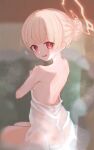  1girl absurdres alternate_hairstyle blonde_hair blue_archive blurry blush breasts commentary halo highres looking_back medium_breasts naked_towel nodoka_(blue_archive) onsen open_mouth osorii red_eyes solo steam towel wet 